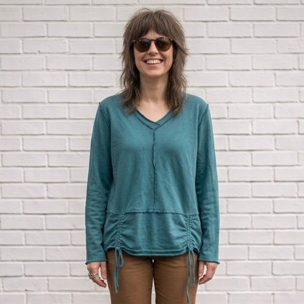 Neon Buddha Long Sleeve V-Neck Top S Teal Ruched Yoga Athleisure Cotton Earthy